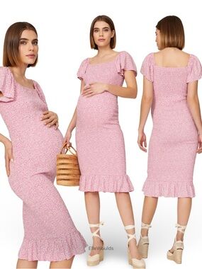 Ripe Pink Floral Midi Dress with Ruffle Hem